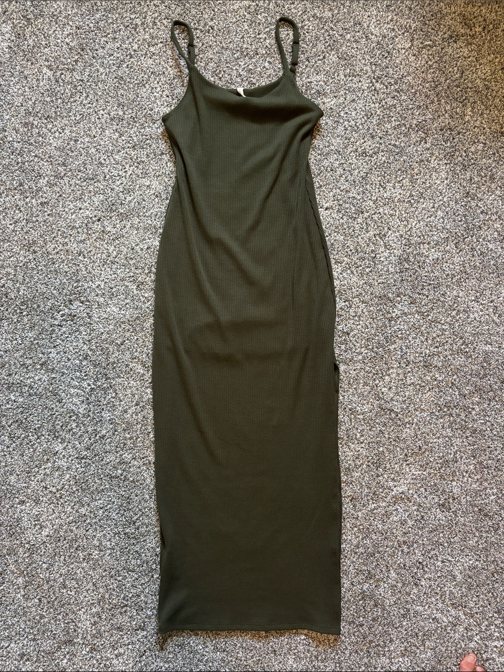 Tyche Olive Green Ribbed Maxi Slip Dress